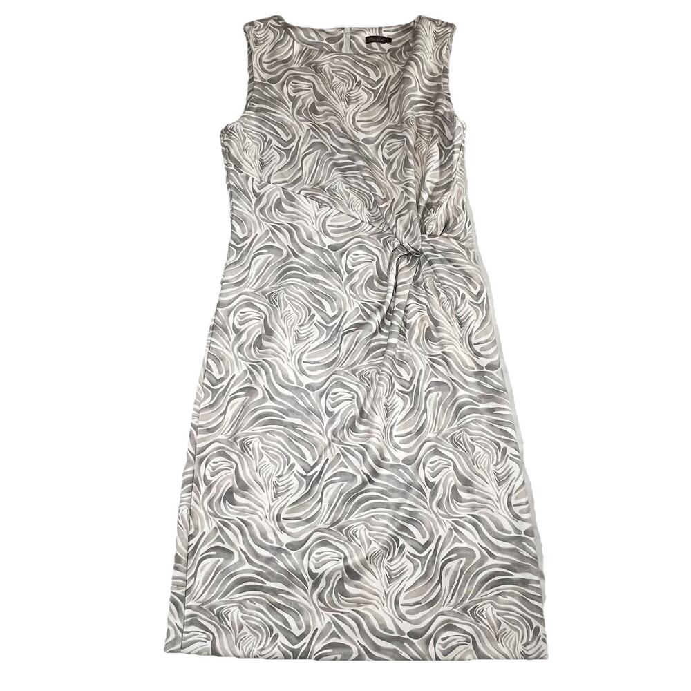 J.McLaughlin Dress Size S White Gray Ultrasuede Abstract Twist Front Sheath Work